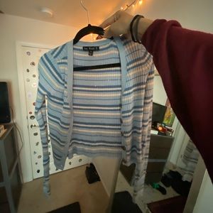 blue striped cropped button up sweater/cardigan